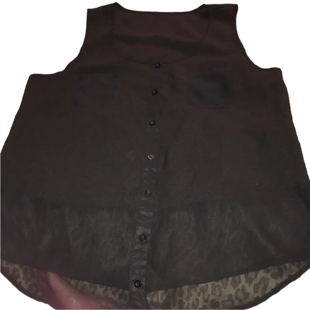 Black  large semi sheer front solid black sleeveless button down top